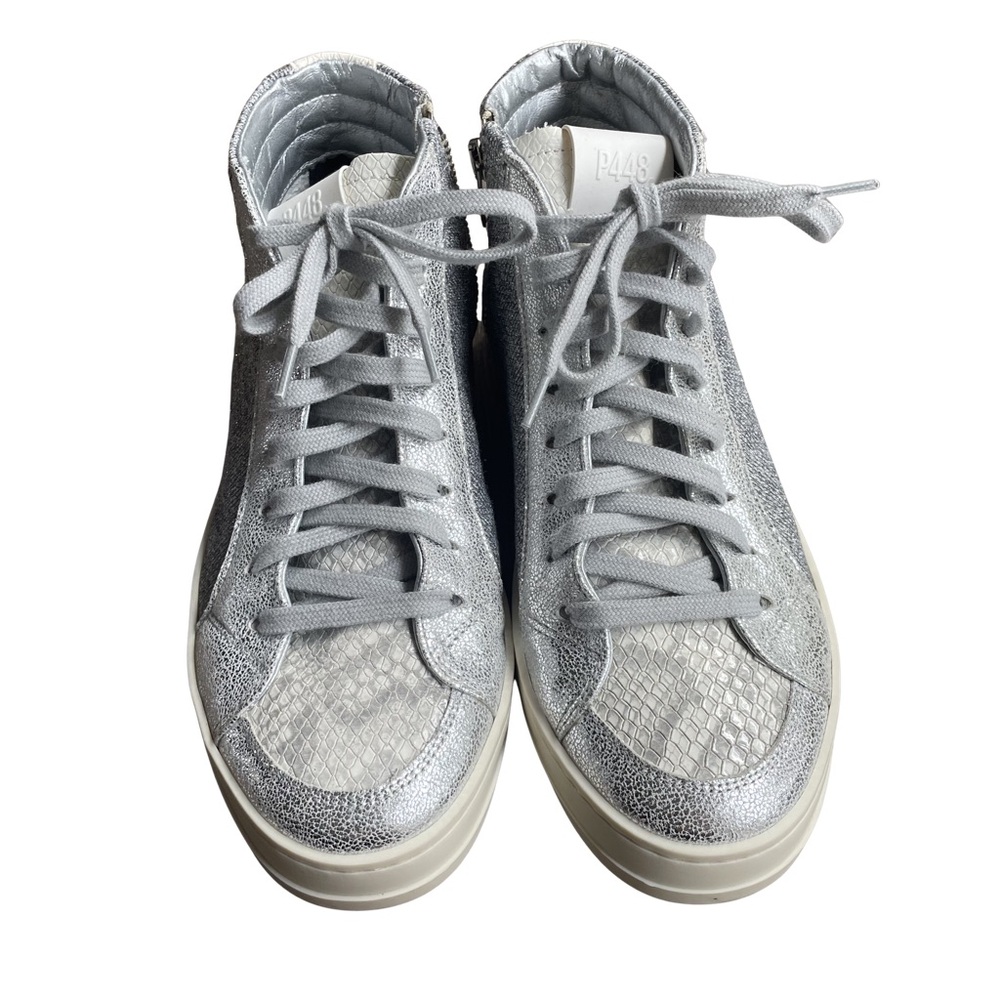 P448 Womens Luxury Fashion Silver & Snakeskin High-Top Sneakers Size 38/US8